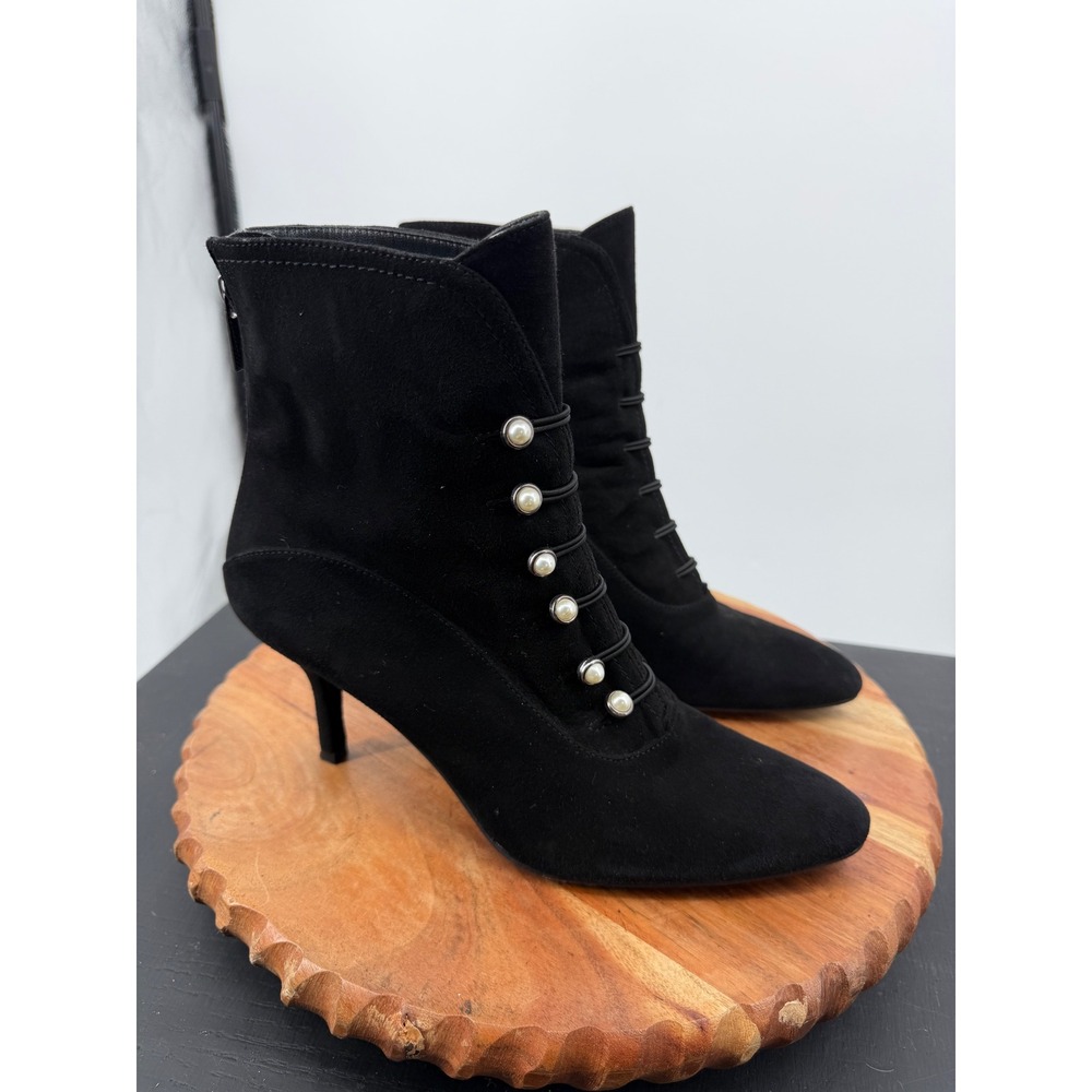 Stuart Weitzman lady spat Pearl Ankle Boots sz 9.5 Black Suede Heel Pointed Toe‎